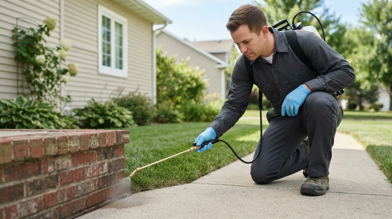 Pest control technician treating a home near Vevay, IN