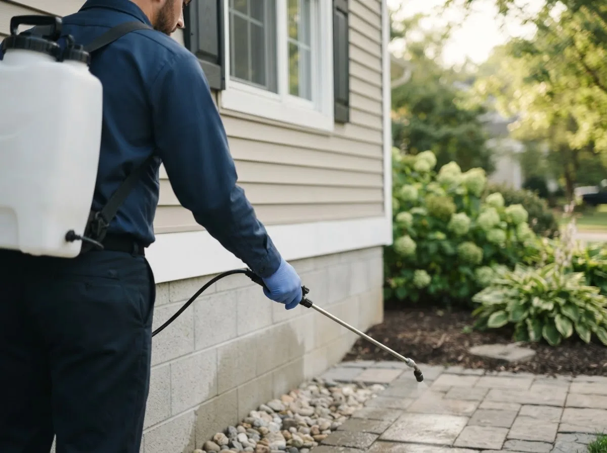 Pest control technician inspecting a home in Vevay, IN
